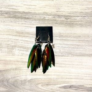 Stunning Iridescent Beetle Wing Earrings, Sterling Silver